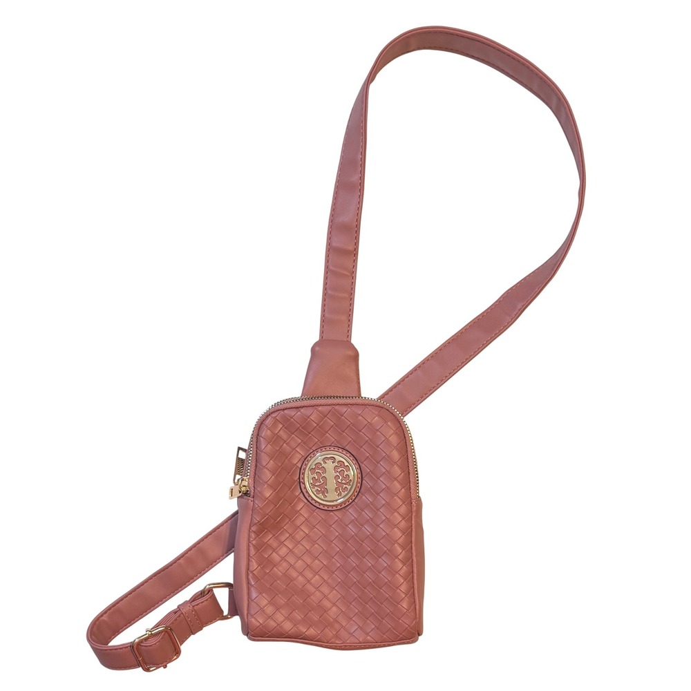 Woven Sling Bag Crossbody Purse Chest Bag Dusty Pink Gold Metal Adjustable Strap